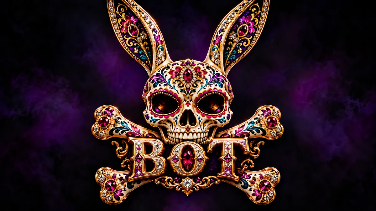 SmoothBot’s jeweled bunny skull and crossed bones, with gold and magenta BOT lettering